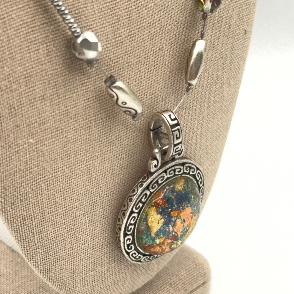Chico's Pendant Necklace Silver Tone Multicolor Mosaic Foil Earthy Boho Artsy - Picture 7 of 13